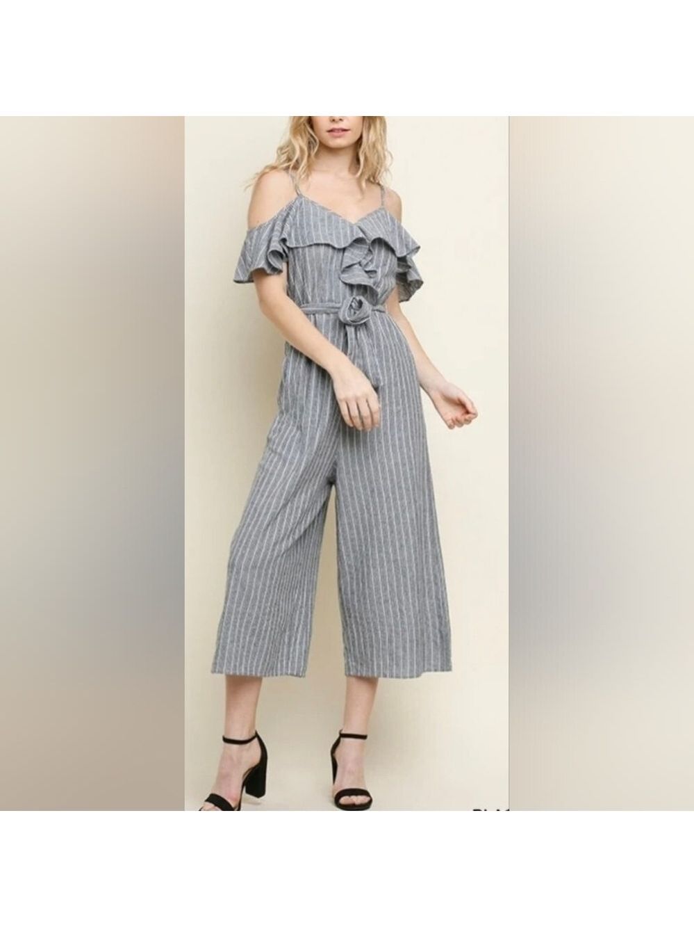 UMGEE - Gray & White Striped Cold-Shoulder Ruffle Jumpsuit - Picture 7 of 7